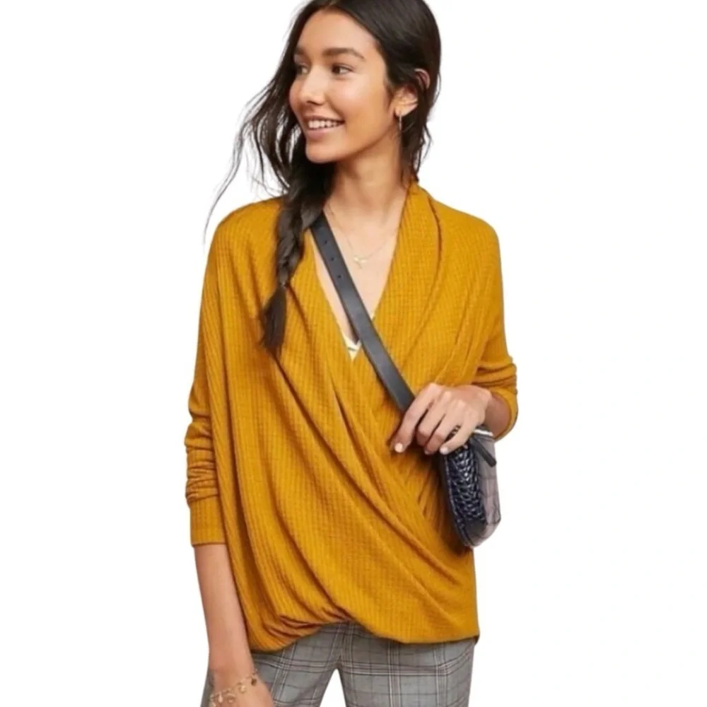 Anthropologie Akemi+Kin Amemo Woodruff Top Wrap Sweater in Mustard Yellow Size S - Picture 2 of 9